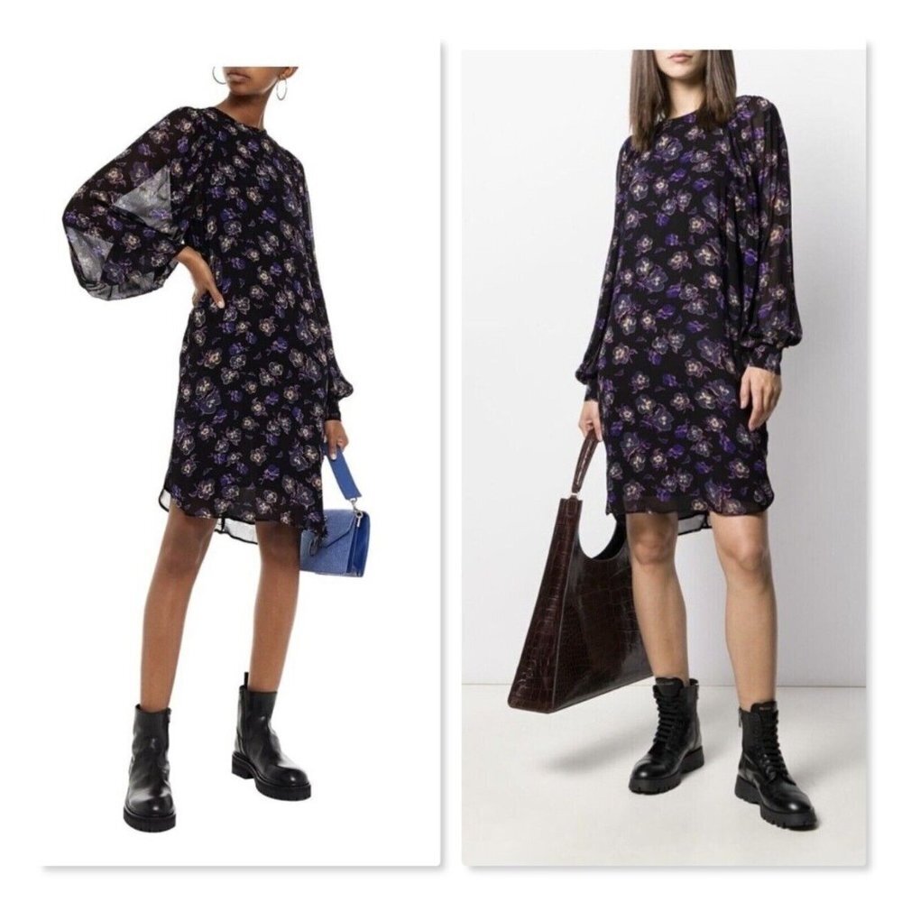 Ganni Georgette Gathered Floral Print Shift Dress